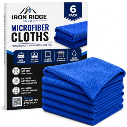 Iron Ridge Microfiber Cleaning Cloths 6-Pack, Blue, 12x12, 300 GSM | Reusable, streak-free performance for glass, kitchens, vehicles, electronics, workspaces, and everyday tasks - color: Blue
