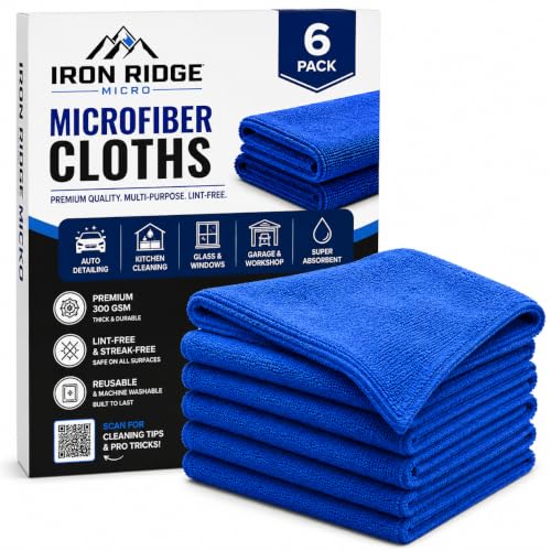 Iron Ridge Microfiber Cleaning Cloths 6-Pack, Blue, 12x12, 300 GSM | Reusable, streak-free performance for glass, kitchens, vehicles, electronics, workspaces, and everyday tasks - color: Blue