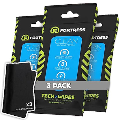 Fortress Electronic Wipes With Microfiber Cloth (25 ct, Pack of 3) To-Go Tech Wipes for Screens, Phones, Keyboards, TV Monitors, Computer Screens, and More [Travel Size] Skin-Safe - style: With Microfiber Cloth