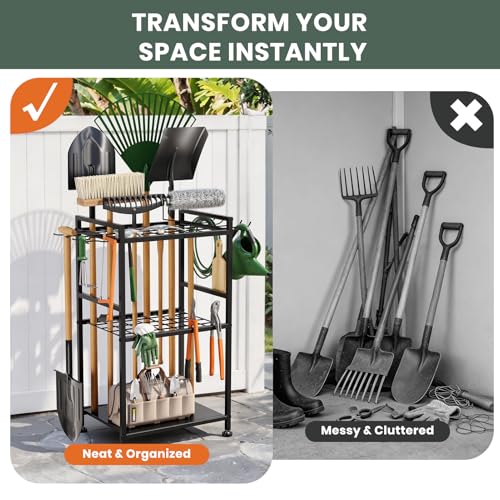 SPACECARE Garden Tool Organizer with Feet, Yard Tower Rack for Garage Organization and Storage, Up to 35 Long-Handled Tools/Rakes/Brooms, Heavy Duty Steel Garden Tool Stand for Shed, Outdoor, Black - style: RACK-with Feet