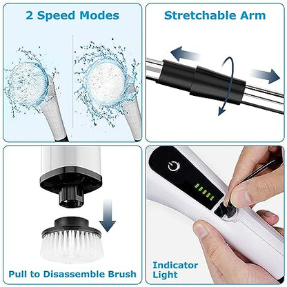 Moclever Electric Spin Scrubber 8 in 1 Electric Cleaning Brush, Cordless Rechargeable Telescopic Shower Scrubber 2 Speed Adjustable Handle Power Scrubbers for Bathroom, Tub, Floor Tile, Car