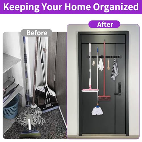 Magnetic Broom Holder Wall Mount - Heavy Duty Non-Slip Mop Hanger with 4 Hooks And 5 Rack, No Drill Tool Organizer for Refrigerator,Garage,Laundry Room (Black, 5Racks 4Hooks)