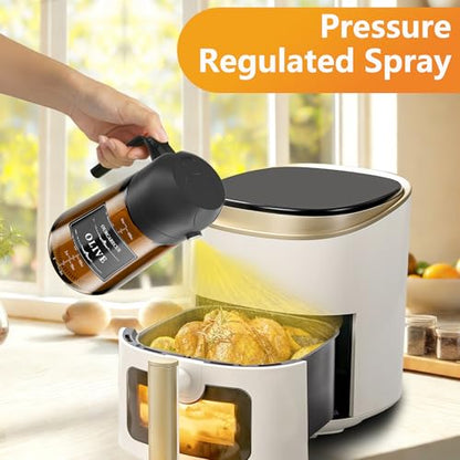 OURCABECUE Upgraded Made Oil Sprayer for Cooking 2 Set, Dark Brown 2 in 1 Spray and Pour Olive Oil Dispenser 16oz 470ml Glass Oil Spray Bottle, Mist Olive Oil Dispensing with Scale & 8 labels - color: Brown Bottle-Black Cap Scale