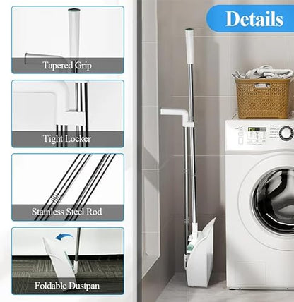 Broom and Dustpan Set 50" Long Handle Foldable Stand Up Broom and Dustpan with Comb Teeth for Indoor & Outdoor Sweeping Home Dog Cat Pets (White) - color: White