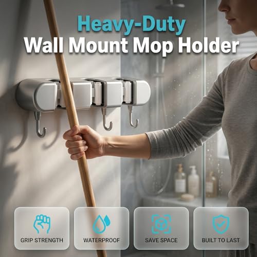 Wall Mounted Mop and Broom Holder, 4 Racks with 5 Hooks, Vacuum Suction Cup Design, Rust-Proof ABS Organizer for Kitchen Bathroom Garage Laundry Room (Grey)
