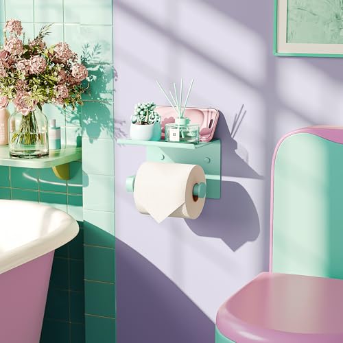 Tindbea Toilet Paper Holder with Phone Shelf, Adhesive or Screw Wall Mount Toilet Tissue Roll Holder, Rustproof & Multifunctional Stainless Steel Bathroom Storage Dispenser (Mint Green) - color: K-mint Green