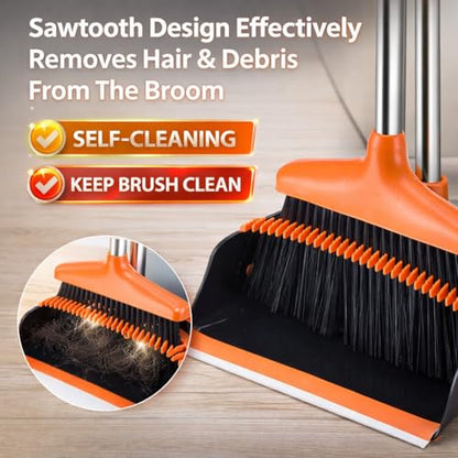 Broom and Dustpan Set with Long Handle, Upright Standing Self-Cleaning Combo, Windproof Dustpan with 6 Bonus Cleaning Tools for Pet Hair, Home, Kitchen, Garage & Apartment - color: Orange&black