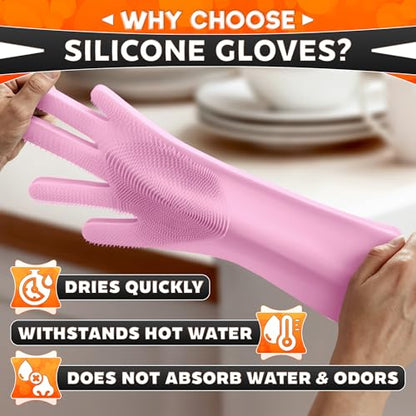 ALPENKOK Silicone Dishwashing Gloves with Scrubber – Non-Slip Silicone Gloves for Washing Dishes | Household Use - color: Pink