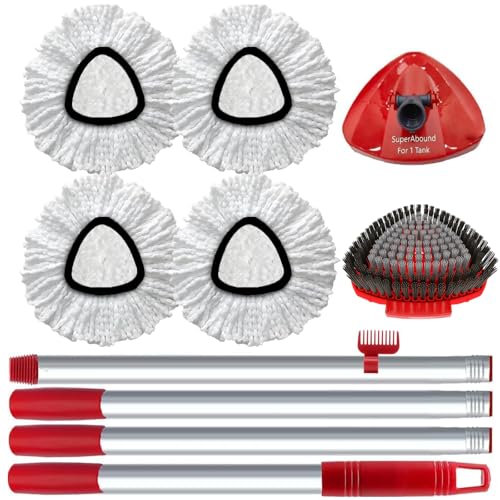 4 Pack Spin Mop Replacement Head Compatible with O Cedar EasyWring 1 Tank Microfiber, 30-58" Handle, Upgraded Triangle Mop Base and Scrub Brush Combo Set