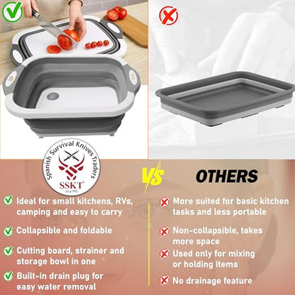 SSKT 3-in-1 Collapsible Cutting Board – Multifunctional Kitchen Sink Tub Basin with Drain, Chopping Board & Washing up Bowl – Space-Saving & Portable for Kitchen, Camping, RV, & Outdoor Use (Grey) - color: Gray