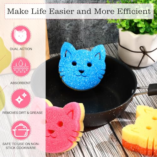 FillTouch 3 Pcs Dual Sided Scrub Sponge Multi Functional Cute Temperature Sensitive Non Scratch Dish Sponge for Washing Dishes Kitchen Bathroom (Cat,Pink, Orange, Royal Blue) - color: Pink, Orange, Royal Blue, style: Cat