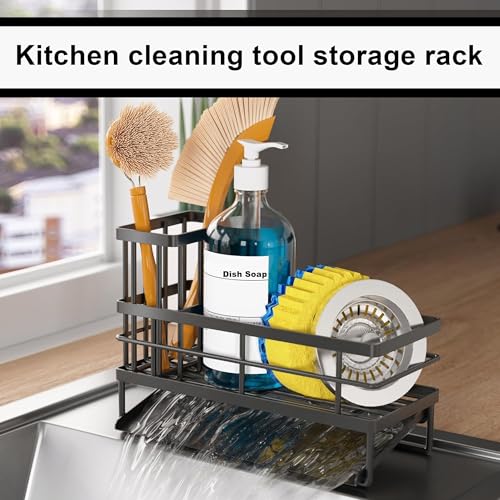 Kitchen Sink Caddy Organizer with Tall Brush Holder – Rustproof 304 Stainless Steel Sponge Rack, Soap Dispenser Tray for Countertop, Modern Kitchen Accessories & Storage
