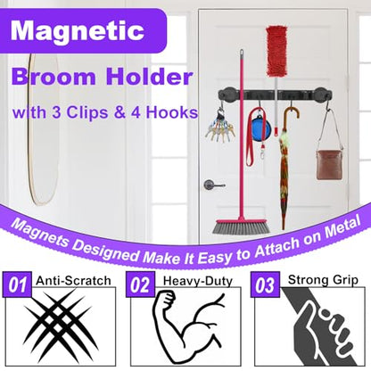 Heavy Duty Magnetic Mop Broom Holder, Srtong Magnetic Utensil Rack with 5 Hooks