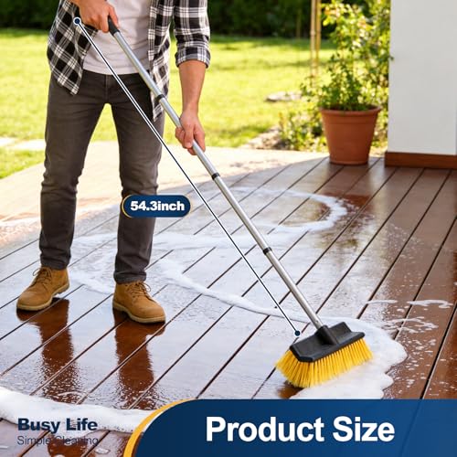 Yocada Deck Brush with 4-Section Extendable Handle Floor Scrub Brush Soft &Medium Bristles Non-Slip Grip for Outdoor Deck Patio Bathroom Garage Concrete Cleaning 54.3 Inch