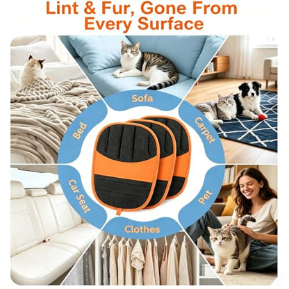 2 Pack Pet Hair Removal Gloves, Reusable Electrostatic Dog Cat Hair Remover Glove for Furniture Car Seats Clothing, Washable Grooming Mitts for Shedding-Orange | 2 Pack Pet Hair Removal Gloves