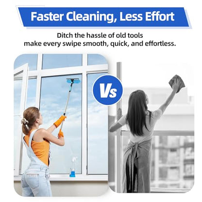 122'' Window Washing Kit with Extension Pole, 2-in-1 Window Cleaning Kit with Scrubber and Rotating Head, Window Cleaner Tool for Shower Rooms, Glass, Floors, Tiles, Walls, Car Windshields - size: 122''