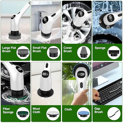 Electric Spin Scrubber, Shower Scrubber with Long Handle Adjustable LCD Display, 2 Speed Shower Cleaner, 7 Replaceable Brush Heads Bathroom Cleaning Brush, Bath Tub Power Scrubbers White G3 - color: White