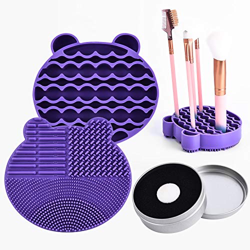 Silicon Makeup Brush Cleaner Mat with Brush Drying manual Make up brush cleaner cleanser machine Cosmetic Brush Cleaning Pad+Makeup Brush Dry Cleaned Quick Color Removal Sponge Scrubber Tool(Purple) - color: Purple
