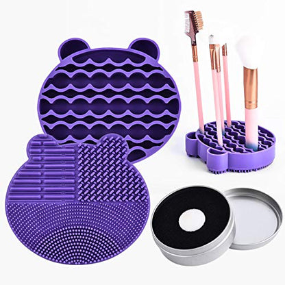 Silicon Makeup Brush Cleaner Mat with Brush Drying manual Make up brush cleaner cleanser machine Cosmetic Brush Cleaning Pad+Makeup Brush Dry Cleaned Quick Color Removal Sponge Scrubber Tool(Purple) - color: Purple