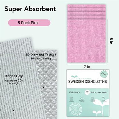 Swedish Dishcloths for Kitchen, 5 Pack Swedish Dish Cloths, Ultra Absorbent Reusable Paper Towels, Cellulose Sponge Cloths, Quick Drying, No Odor, Dishwasher Safe Pink - color: Pink