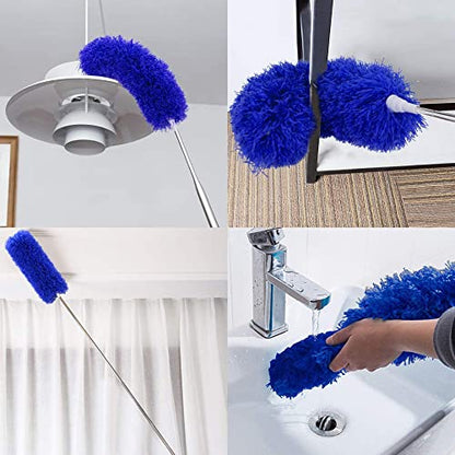 Ceiling Fan Feather Duster with Extension Pole, Cobweb & Corner Brush for Cleaning, Long Handle Aluminum Telescoping Pole, Washable, Blue, 130cm - size: 130cm/51.18"