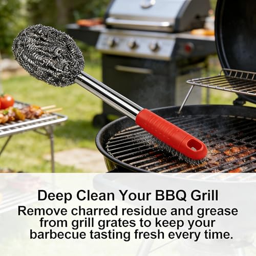 2PCS Steel Wool Scrubber with Handle Rustproof, Cast Iron Scrubber, Stubborn Messes Pot Brush, Remove Dirt for Cleaning Stoves,Sinks Dishes Grills Bowls & Metal Wire Sponge for Kitchens - color: Red