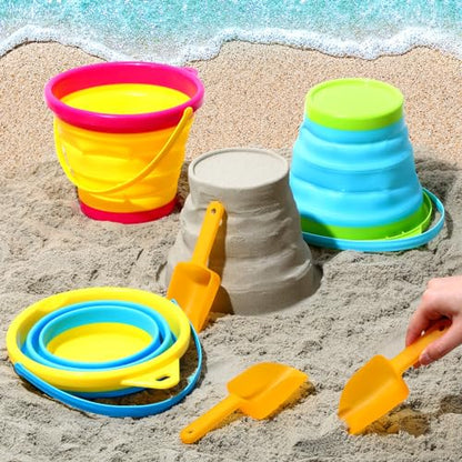 Realspring 3 Pcs Summer Foldable Pail Bucket with Shovels 2.5 L Collapsible Sand Bucket Foldable Beach Toys for Beach Party Outdoor Activity (Classic Color)