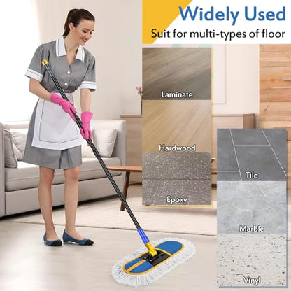 SOBONNE Dust Mop for Floor Cleaning with Washable Cotton Mop Pads | Wet Dry Use, 16" Floor Duster Metal Frame,56 Inch Long Handle for Hardwood Wood Tile Vinyl Laminate Marble,Blue - size: 16 Inch (Mop with 2 Pads)