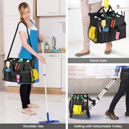 Housolution Extra Large Rolling Cleaning Caddy Bag with Detachable Trolley, Upgraded 360° Free Rotating with 5 Wheels and Dust-Proof Lid, Professional Cleaning Supplies Bag for Housekeepers, Black - color: Black, size: Large