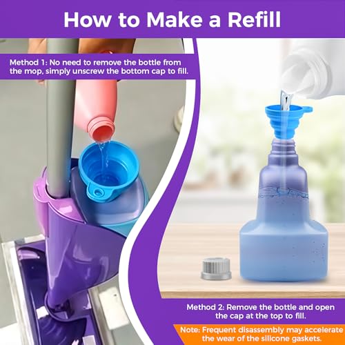 Refillable Replacement Bottle for Swiffer® Wet Jet™ Mop, 500ml /17 oz, Empty, Leak-Proof HDPE Cleaner Solution Refill Bottle with 8 Silicone Gaskets & 1 Foldable Funnel - color: Purple-1p