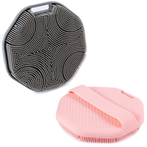 MtBoi 2 Pack Silicone Exfoliating Body Scrubber with Handle, Soft Silicone Loofah for Sensitive Skin, Body Brush & Shower Head Massager with Hanging Loop, Easy to Clean, Rich Lather (Gray&Pink) - color: Gray&pink
