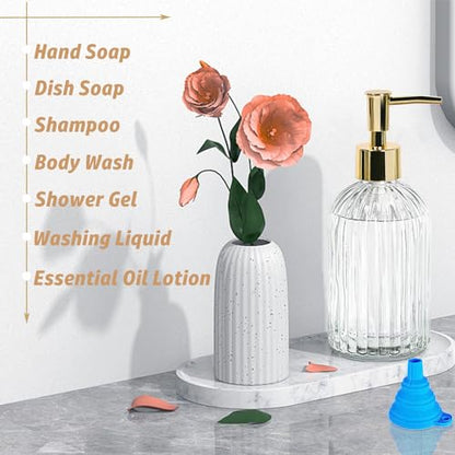 14Oz Gold Pump Glass Soap Dispenser, Clear Stripe Countertop Refillable Liquid Bottle Hand Dish Lotion Dispenser with Plastic Pump, for Kitchen, Bathroom - color: Clear