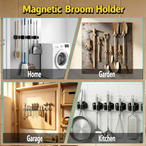 Magnetic Broom and Mop Holder Wall Mount, Black 4 Pack | Heavy duty strong magnetic broom holder,no drill removable,9 lbs load,fits 0.6–1.5in handles,RV kitchen garage storage - size: 4 Pack B