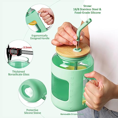 WINSA 50 oz Glass Water Bottles with Silicone Sleeve,Glass Tumbler with Lid and Straw,Iced Coffee Cup with Handle,BPA Free-Green - color: Green