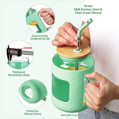 WINSA 50 oz Glass Water Bottles with Silicone Sleeve,Glass Tumbler with Lid and Straw,Iced Coffee Cup with Handle,BPA Free-Green - color: Green