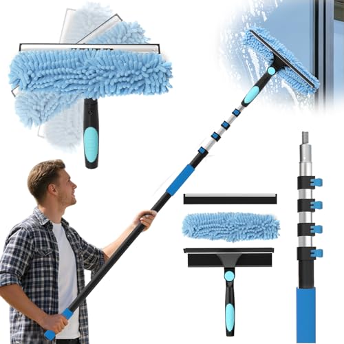 16FT Reach Window Squeegee Kit with Extension Pole, 2-in-1 Professional Washer for High Windows, 3-12FT Adjustable Reach, Rotatable Head for Indoor & Outdoor Use, Streak-Free Cleaning Tool for Home - color: Blue, size: 12FT