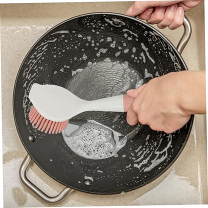 2Pcs Kitchen Dish Scrubber Brush Set Non-Scratch Silicone Pot Brush with Long Comfortable Handle for Effective Oil and Stain Removal on Pans and Dishes