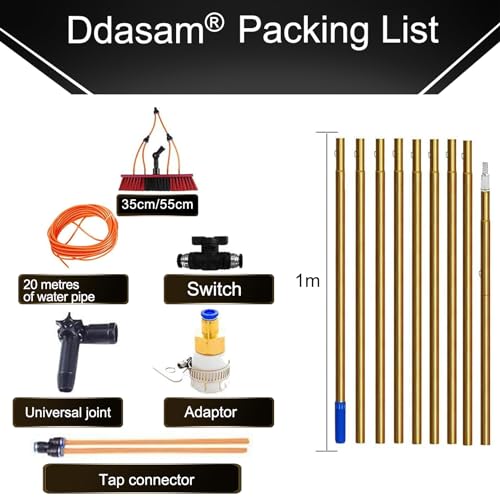 Water Fed Pole Kit with Telescopic Brush 14m/46FT Extension Pole for Window Cleaning Car Wash Home and Commercial Use Includes 20m Water Supply Hose and Solar Panel Brush - color: Gold 35cm, size: 14m/46FT