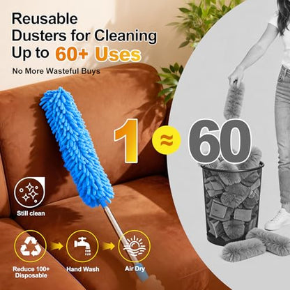 Tiumso 5-in-1 Microfiber Duster Kit with 100” Extension Pole – Reinforced Stainless Steel Telescopic Handle for High Ceiling Fans, Cobwebs & Vents – Multi-Head Dusters for Cleaning with Anti-Spin Pole - color: Sky Blue