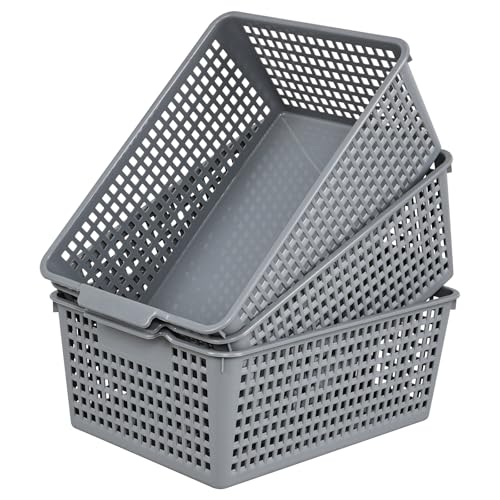 Farmoon Grey Plastic Weave Organizer Basket, 3 Packs Plastic Storage Baskets