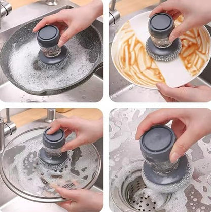Dish Brush with Soap Dispensing, 2 Pack Kitchen Brush with Holder for Pot Pan Dish Stove Grill Sink Bathtub Tile Household Cleaning, Scrubber Press Automatic Liquid Wash Pots, with 3 Replacement Pads - color: Grey - Plastic+pet