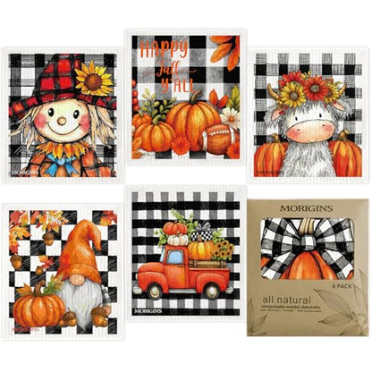 Autumn Fall Gnome Swedish Cloths for Kitchen, 6 Pack Pumpkin Reusable Paper Towels Washable，Swedish Dish Towels，Non-Scratch Cellulose Sponge Cloths，Biodegradable Cleaning Cloths 7 X 8 inch
