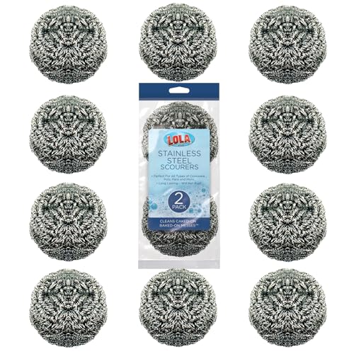 Stainless Steel Wool Scouring Pads, 12 Pack, by LOLA Brand, 18 Grams - Curled Flat Wire, Cleans Caked On & Baked On Messes on Cookware - size: 12 Pack, style: Standard