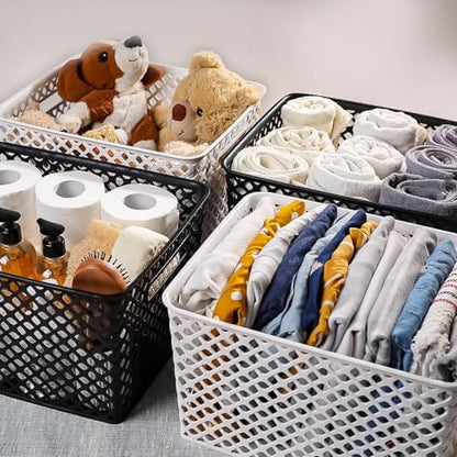 Large White Decorative Plastic Storage Basket - Heavy-Duty, Stackable, Dustproof with Handles for Living Room, Closet & Home Organization