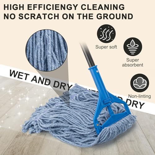 Commercial Industrial Mop with 3 Extra Large Reusable Replacement Head,59" Long Handle Heavy Duty Wet Mops,Looped-End String Cotton Mop for Floor Cleaning,House,Kitchen,Office,Garage,Tile(Blue) - size: Blue Handle + 3 Mop Head