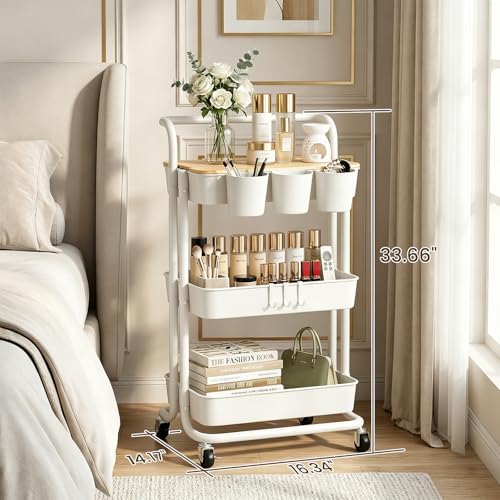 3 Tier Rolling Cart with Table Top, Utility Cart with Lockable Wheels, Hooks & Cup Holders, Multifunctional Rolling Storage Cart for Kitchen, Bathroom, Office, Bedroom, Craft, Living Room (White) - color: White