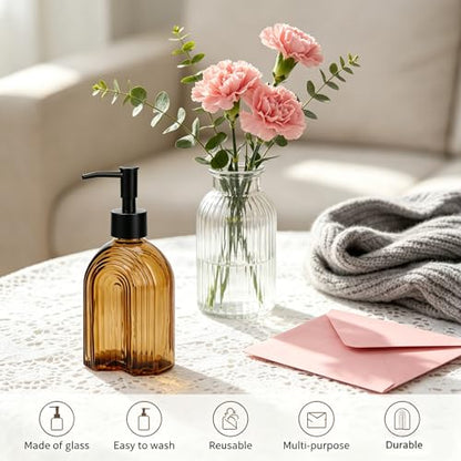 Black Pump Glass Soap Dispenser, 12oz Brown Stripe Countertop Refillable Liquid Bottle Hand Dish Lotion Dispenser with Plastic Pump, for Kitchen, Bathroom Countertop - color: Amber R