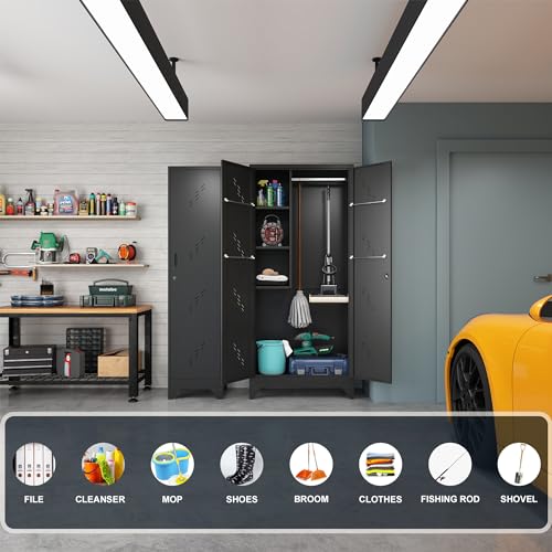 Metal Storage Cabinet, 75" Cleaning Tool Cabinet with Locking Door, Tall Storage Sheds Tool Organizer, Large Broom Cabinet for Bathroom, Laundry Room, Kitchen, Pantry, and Humid Environments - size: 75" Cabinet