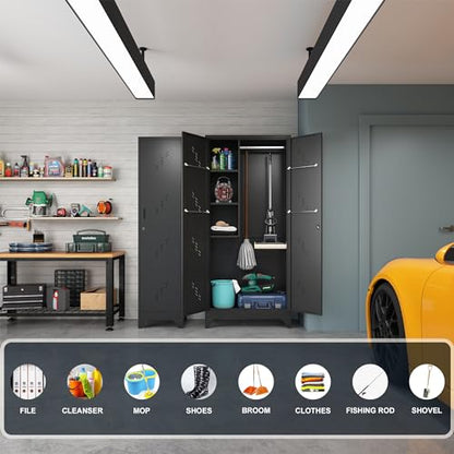 Metal Storage Cabinet, 75" Cleaning Tool Cabinet with Locking Door, Tall Storage Sheds Tool Organizer, Large Broom Cabinet for Bathroom, Laundry Room, Kitchen, Pantry, and Humid Environments - size: 75" Cabinet