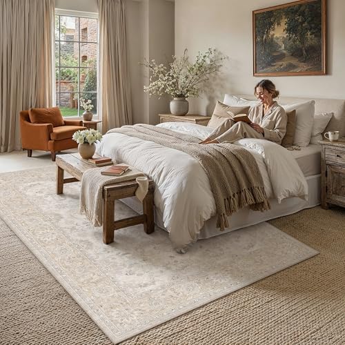 HUGEAR 6x9 Area Rug Beige Vintage Machine Washable Rug Room Decor Distressed Living Room Carpet Low Pile Non Slip Throw Rugs for Bedroom Dining Room Office Soft Lightweight - color: Beige, size: 6' x 9' (Rectangular)